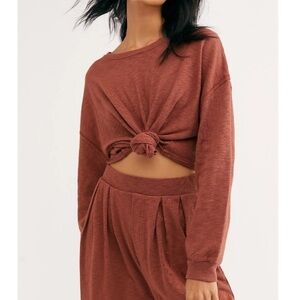 Free People FP Beach Culver City Long Sleeve Tie Front Crop Top Shirt Pull Over